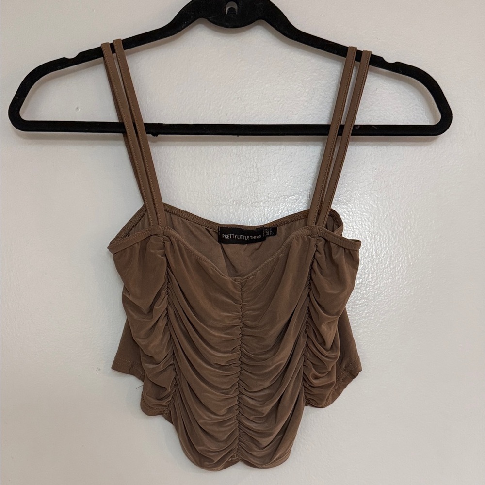 PrettyLittleThing Brown Ruched Cami Crop Top